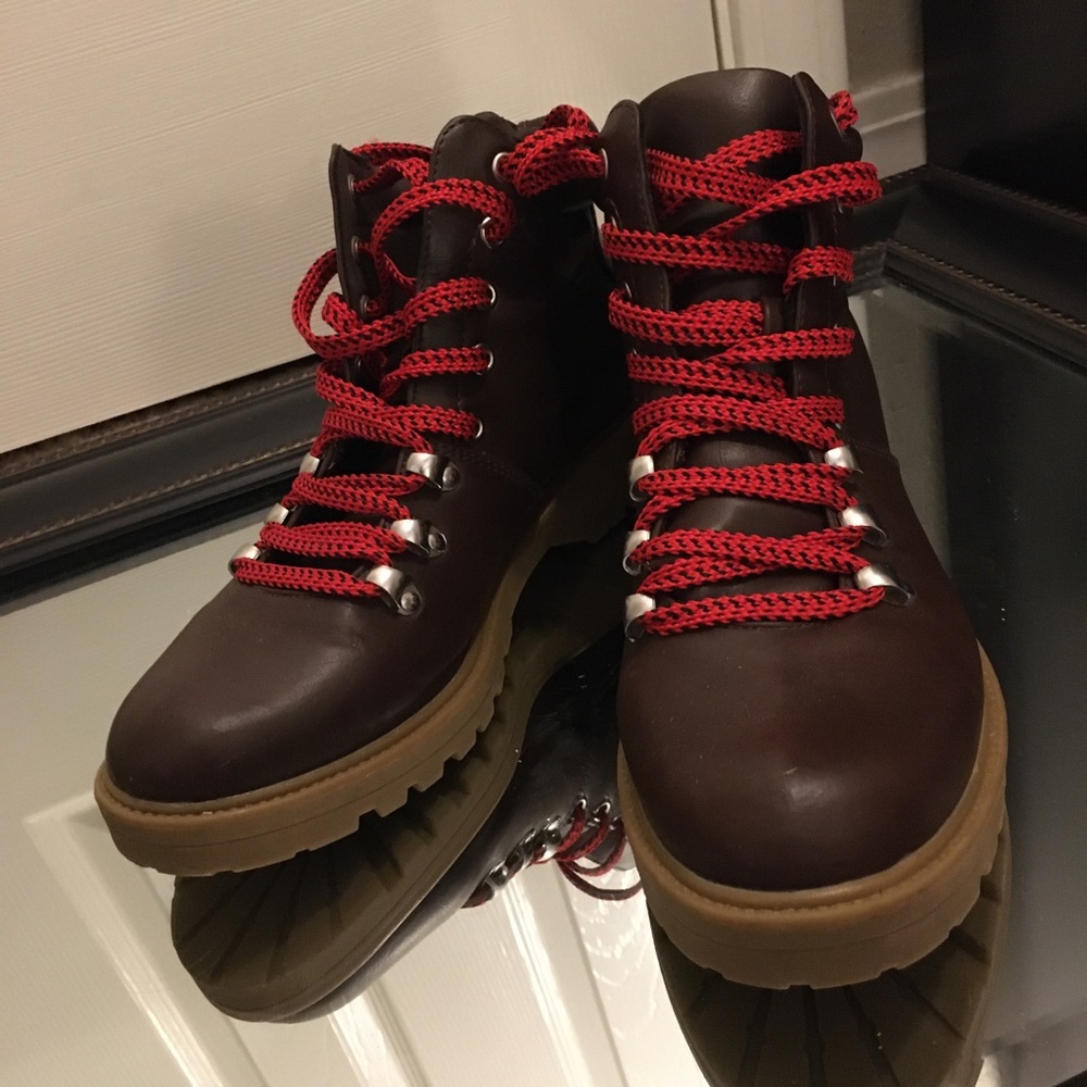 Brown Faux Leather Red Lace Up Boots